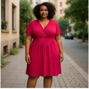 Ulla Popken Red Knit Rayon Blend Relaxed Fit Faux Wrap Dress Size 24/26 Career